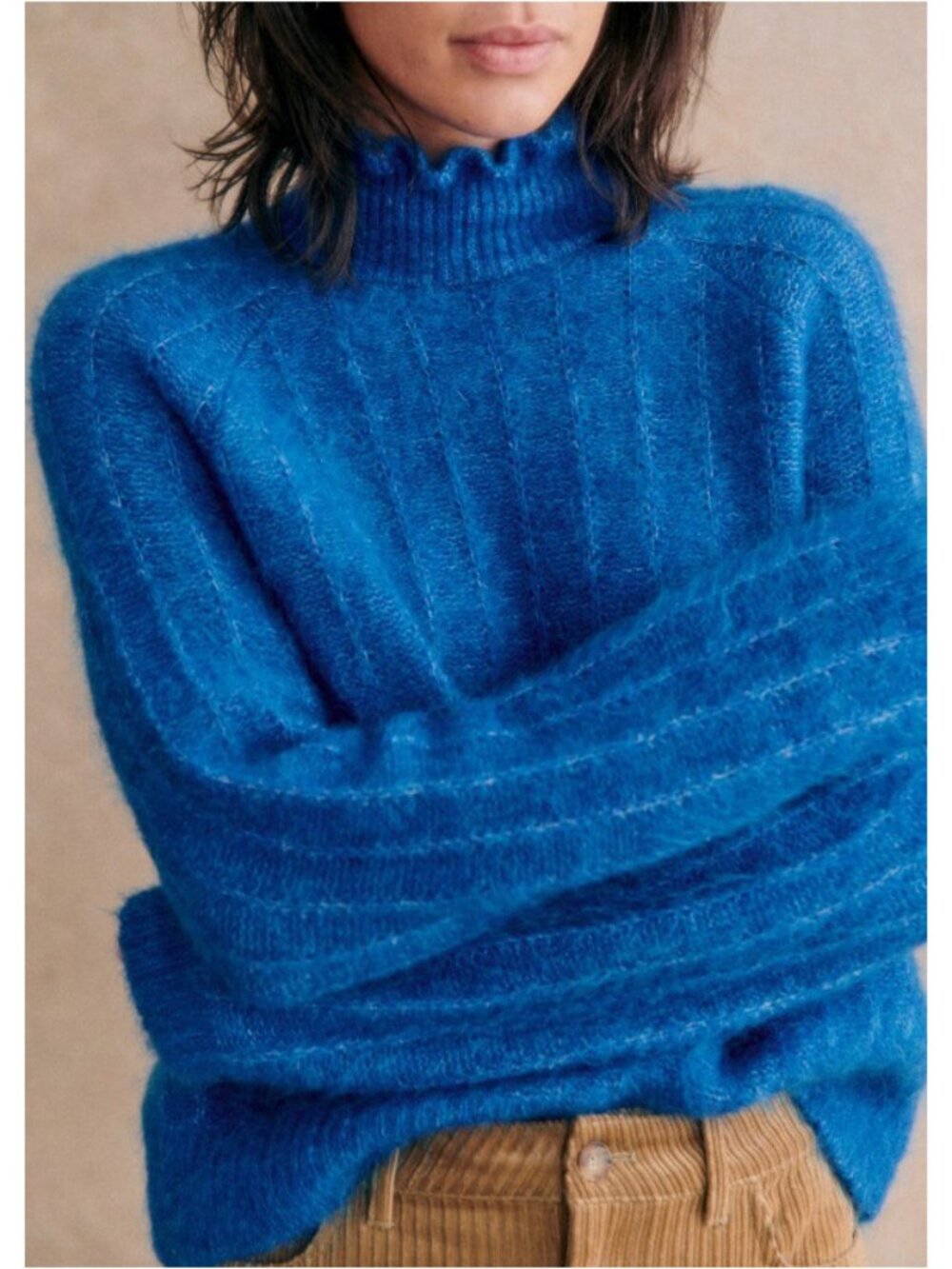 EUC Sezane Loris Mohair Wool Ruffle Neck Sweater Cobalt Blue Medium